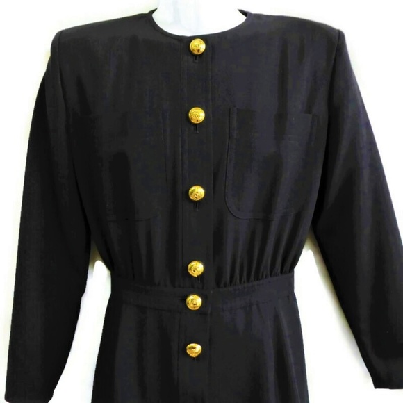 Valentino MissV Navy Wool Dress Button Front Lined Professional Gold Logo Button - Picture 4 of 8